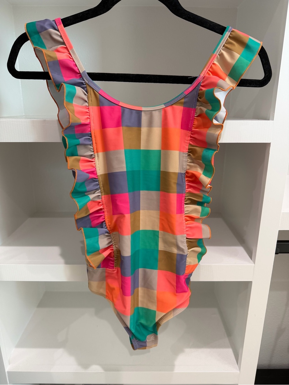 Pink Chicken Plaid Ruffle One-Piece Swimsuit — Teal, Pink, Orange, Gold